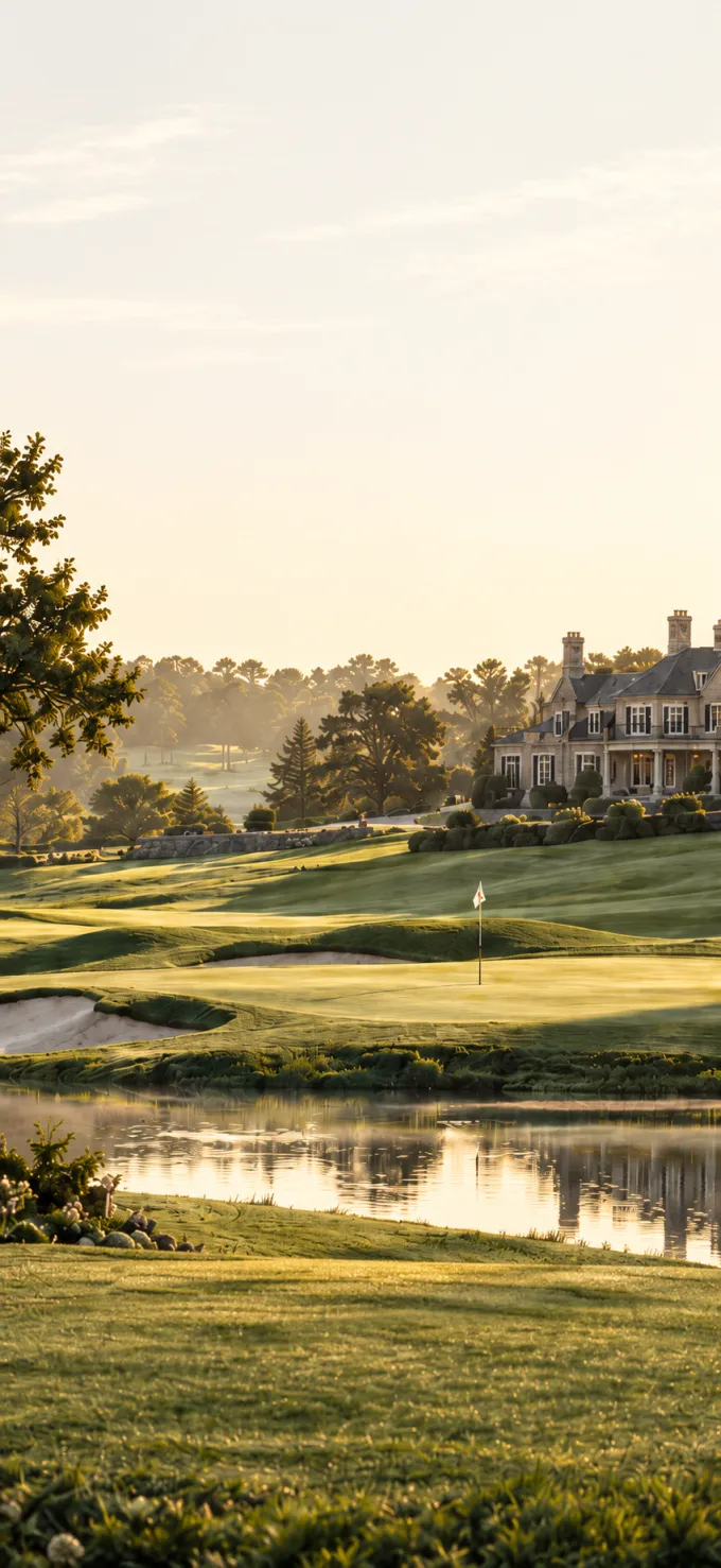 An illustrated golf green beside a sunlit clubhouse, from the BirdiePole app