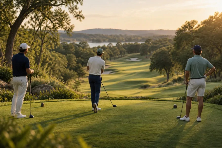 BirdiePole app artwork of three golfers watching a tee shot in the evening light